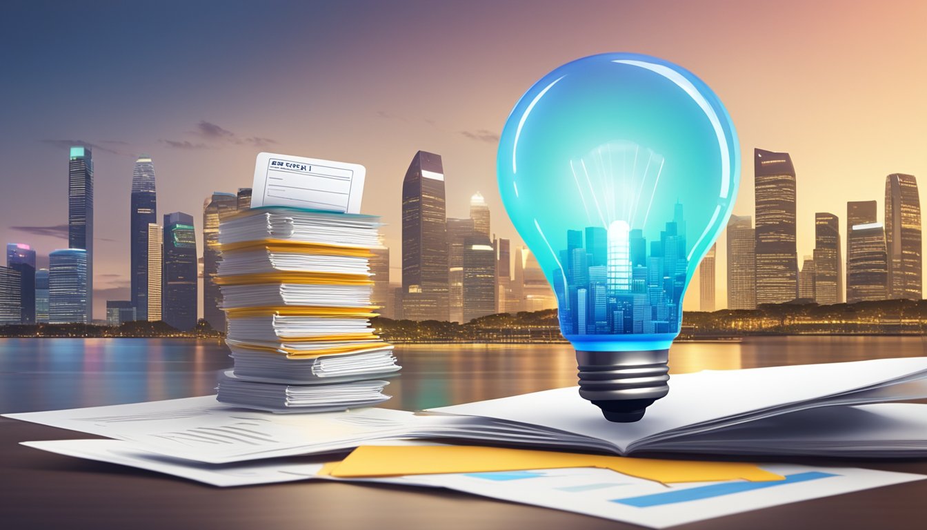 A bright lightbulb hovers over a stack of FAQ documents, with a credit card and the skyline of Singapore in the background