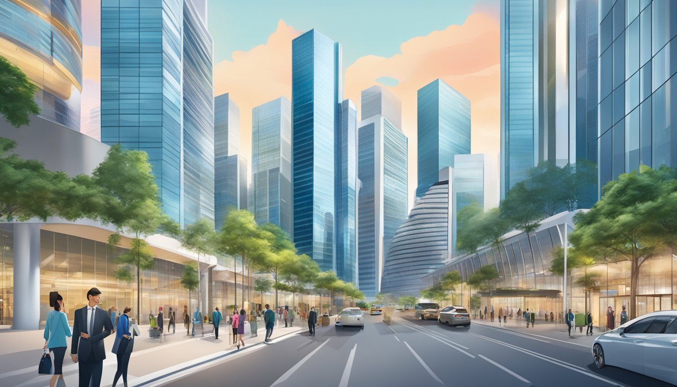 German banks in Singapore: modern skyscrapers, sleek glass facades, and bustling financial district with people in business attire