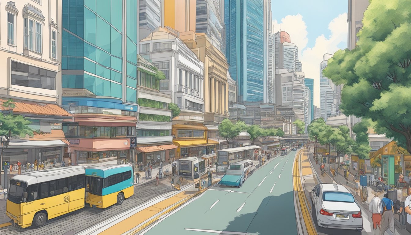 A bustling street in Singapore with the iconic architecture of German banks lining the road