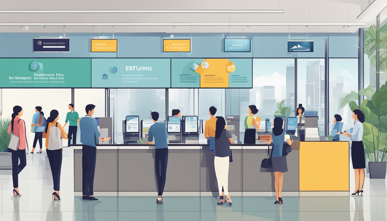 A modern bank branch in Singapore, with German signage, bustling with customers and staff conducting various financial transactions