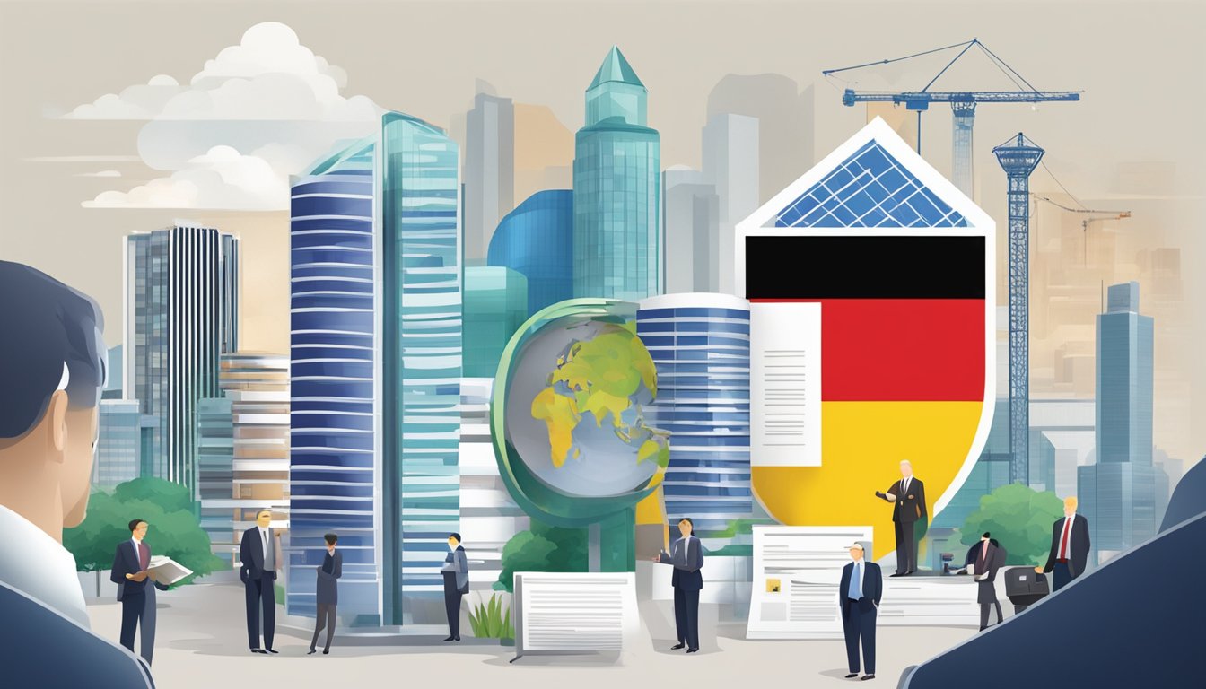 German bank logos displayed in Singapore with regulatory documents and officials overseeing compliance