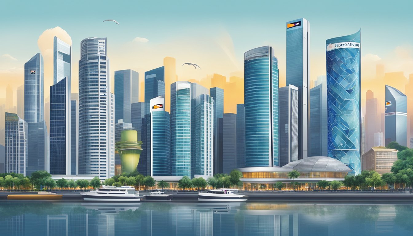 German bank logos and signage stand out against the modern Singapore skyline, with bustling financial district in the background
