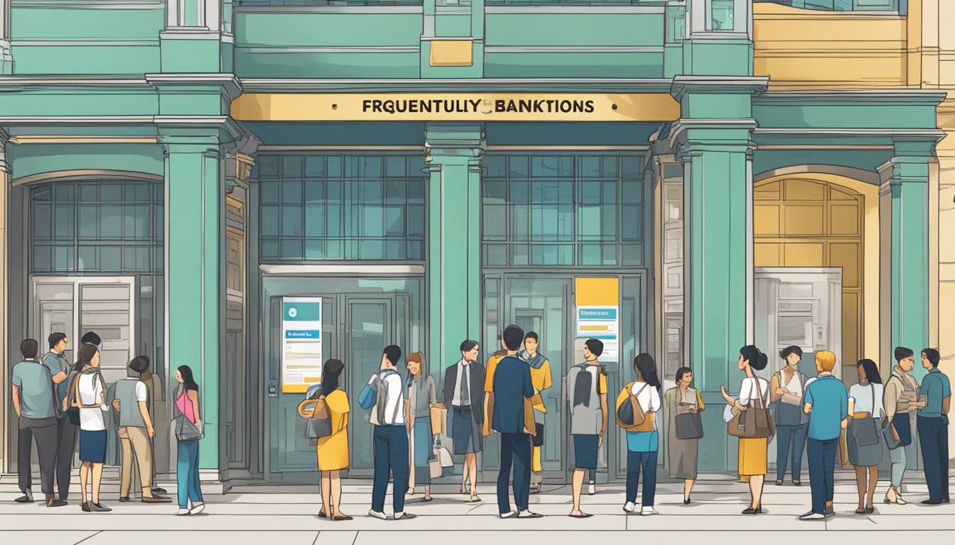 A group of people standing in front of a German bank in Singapore, with a sign displaying "Frequently Asked Questions" prominently