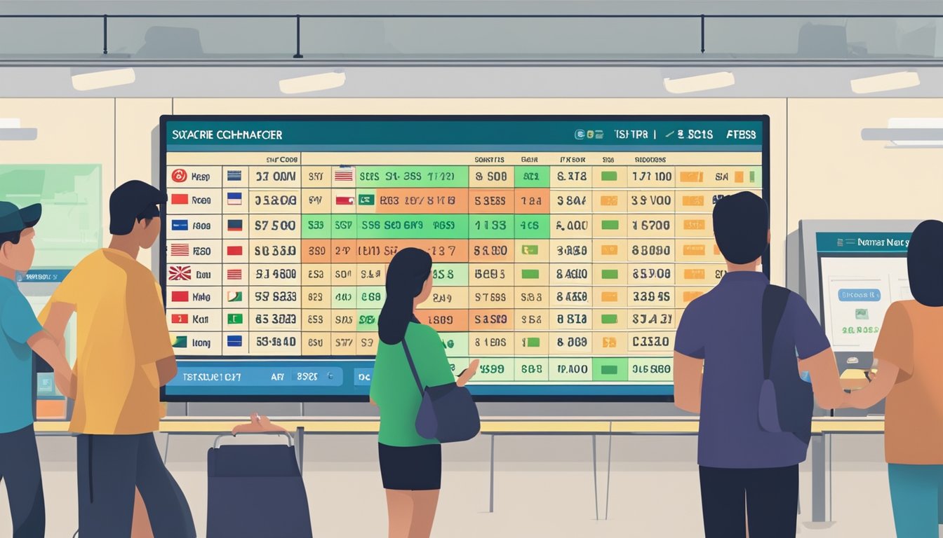 A bustling Singapore money changer displays exchange rates on a digital board, with customers lined up for transactions