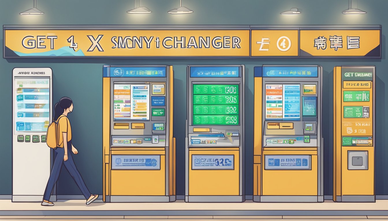 A person walks up to a currency exchange kiosk with a sign that reads "get4x money changer singapore." The kiosk is brightly lit and displays various currency exchange rates on a digital board