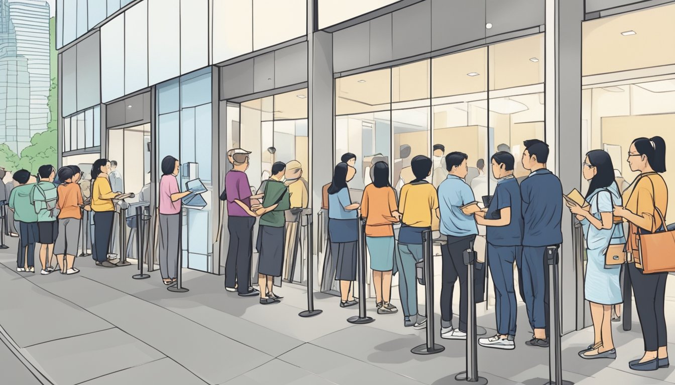 People queue at a bank in Singapore, receiving new notes for the upcoming holiday season. The tellers hand out crisp bills to eager customers