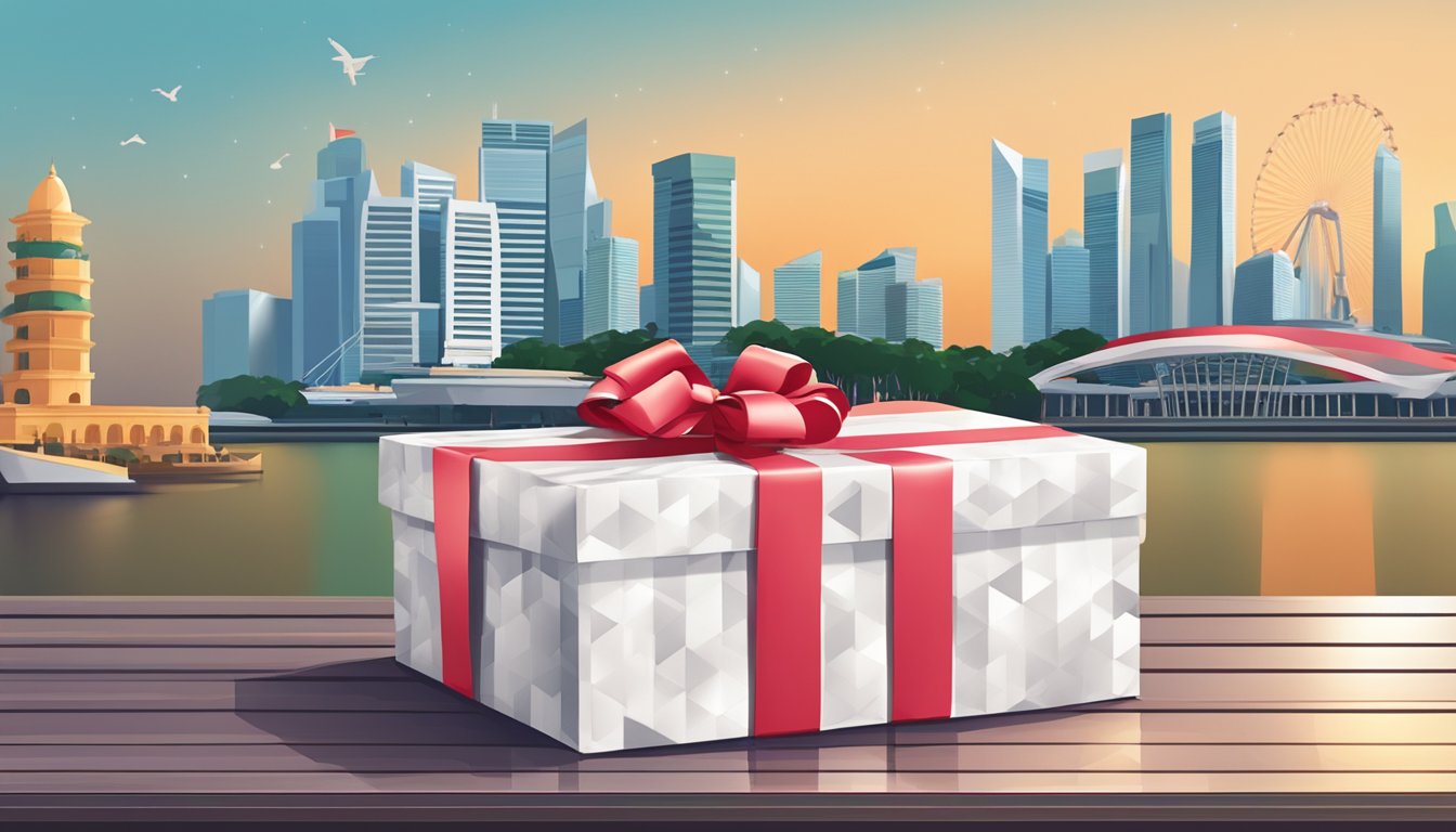 A beautifully wrapped gift box with a ribbon, placed on a table with a backdrop of iconic Singapore landmarks