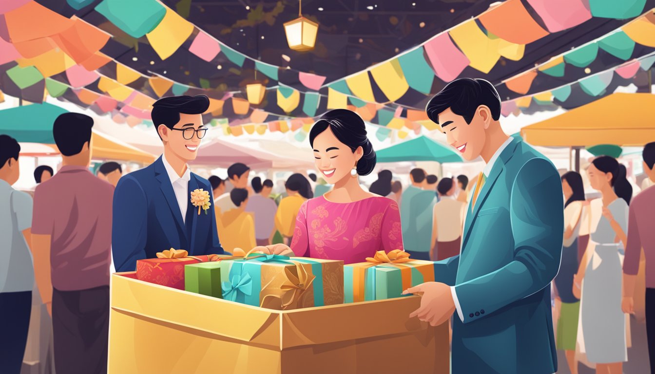 A couple unwraps a beautifully crafted traditional wedding gift in a vibrant Singaporean market