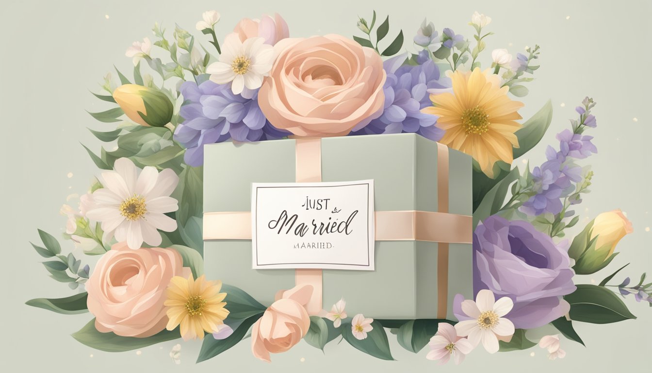 A beautifully wrapped gift box with "Just Married" sign, surrounded by delicate flowers and a personalized message card