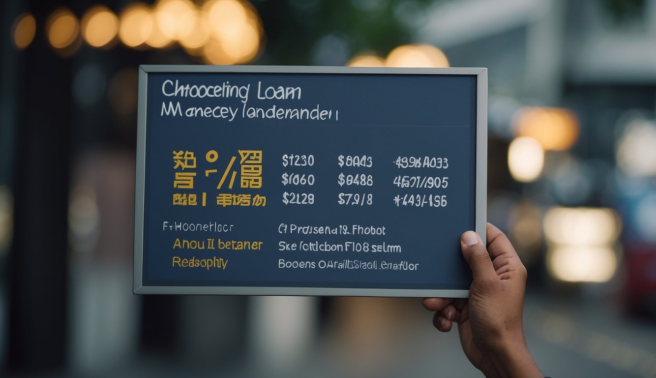 A person standing in front of a sign that reads "Choosing the Right Moneylender foreigner loan money lender in Singapore."