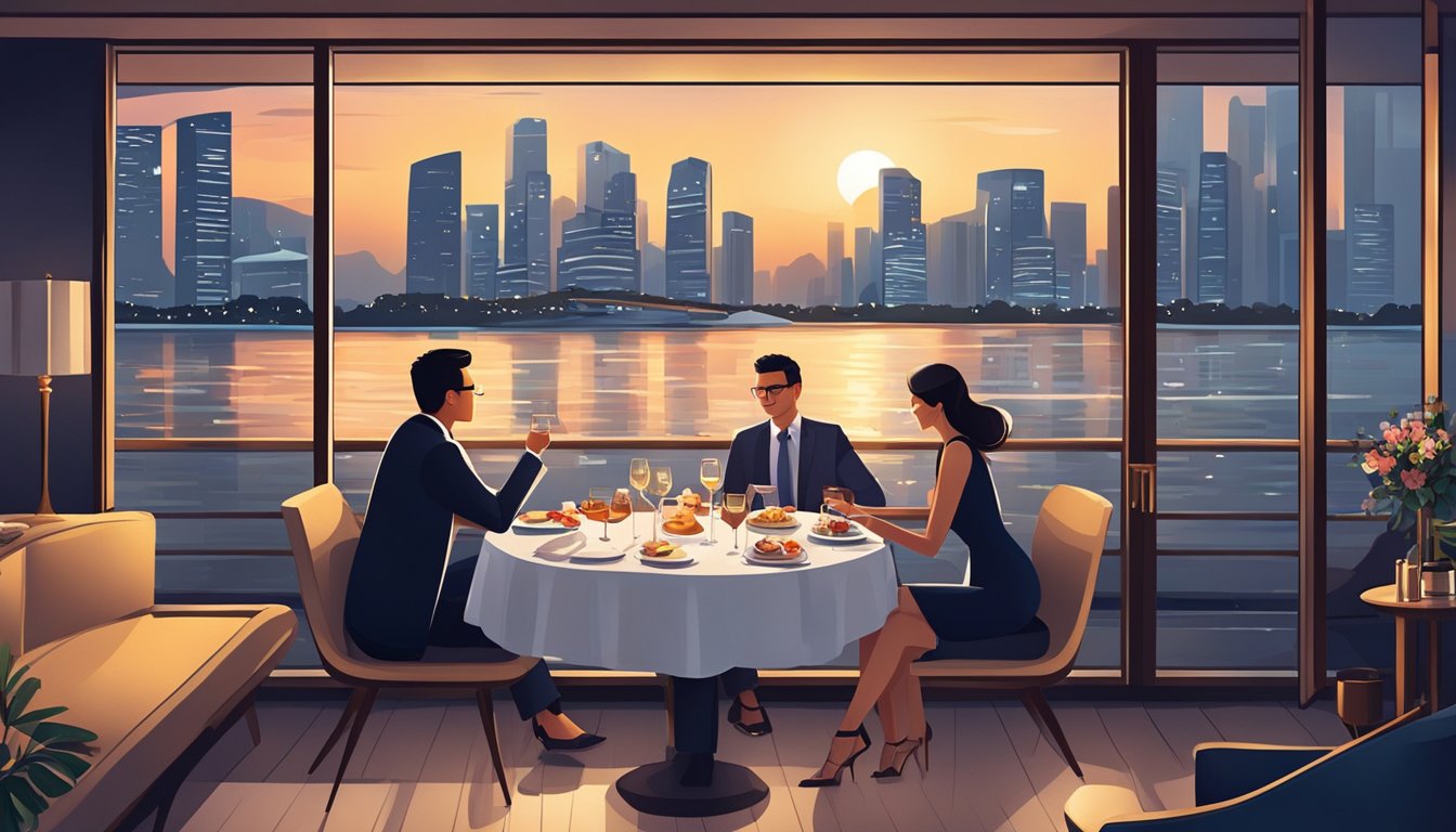 A couple enjoying a private yacht cruise with a stunning view of the Singapore skyline, followed by a romantic dinner at a high-end restaurant