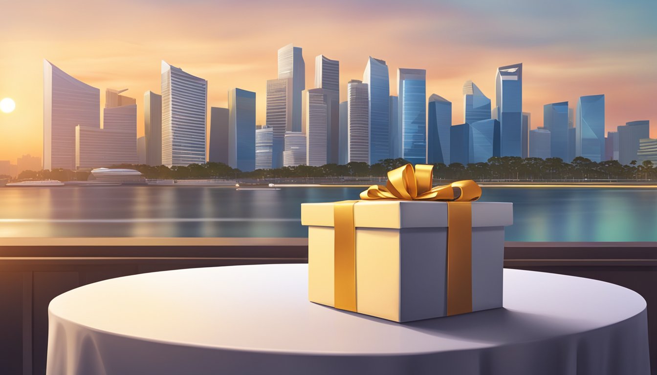 A beautifully wrapped gift box with a bow, sitting on a table with a backdrop of the Singapore skyline at sunset