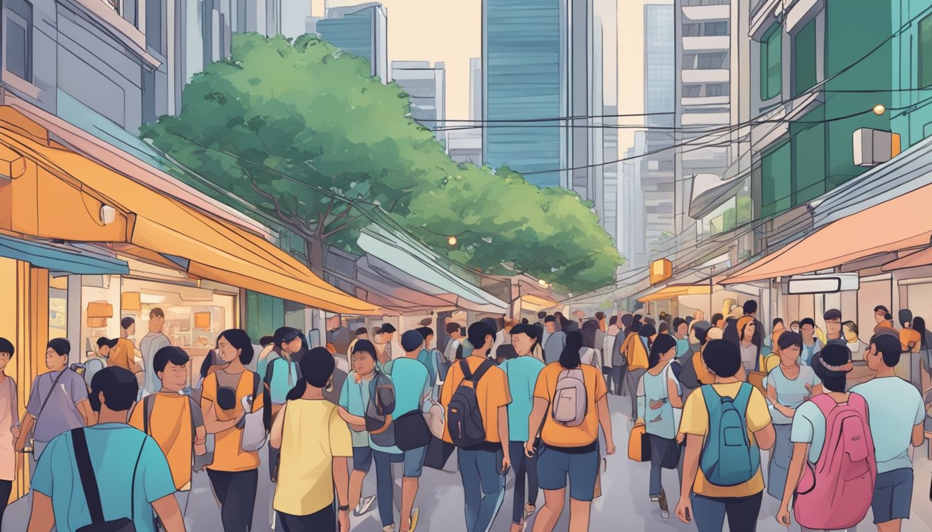 A bustling Singapore street with diverse gig workers, from food delivery riders to freelance designers, navigating through crowds and digital platforms