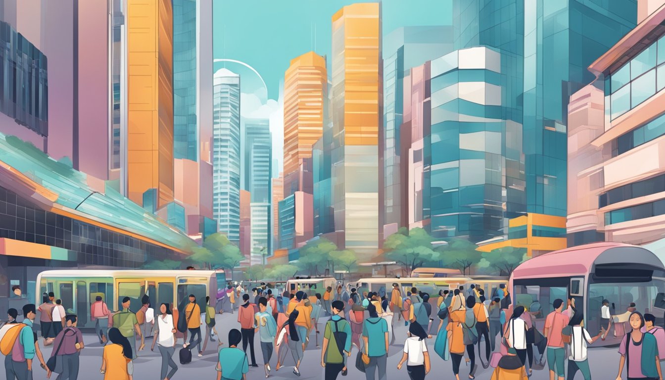 A bustling cityscape with various gig job workers moving through crowded streets and navigating through different freelance opportunities in Singapore