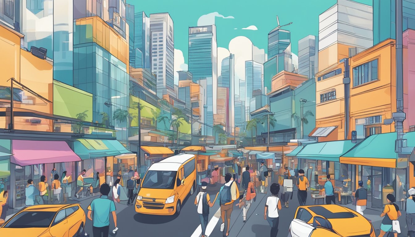 A bustling cityscape with various gig workers in action, from food delivery to freelance writing, showcasing the diversity and success of gig careers in Singapore