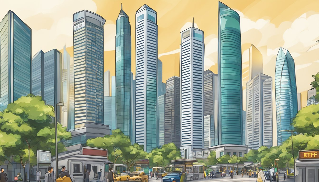 A bustling financial district in Singapore with skyscrapers and a prominent gold ETF sign