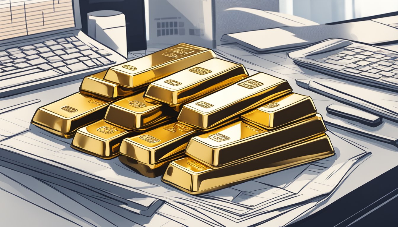 A stack of gold bars sits on a sleek, modern desk in a well-lit office. A computer screen displays financial data on Gold ETFs in Singapore