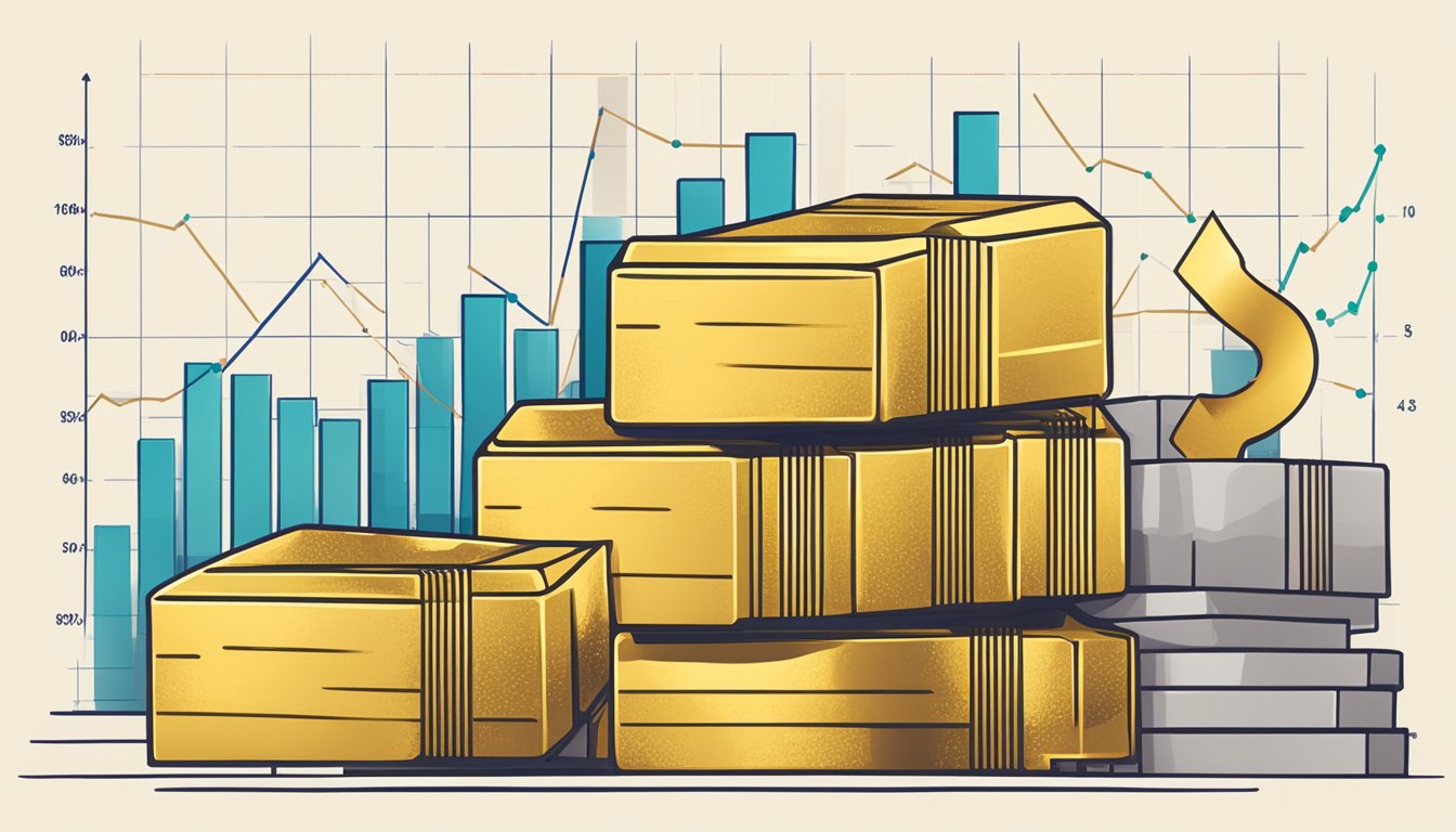 A stack of gold bars surrounded by financial charts and graphs, with a rising line indicating the advantages of gold ETFs in Singapore