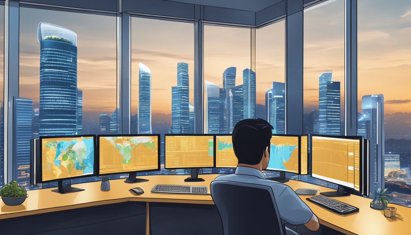 Investors researching gold ETF in Singapore. Charts, graphs, and financial data displayed on computer screens. Singapore skyline visible through window