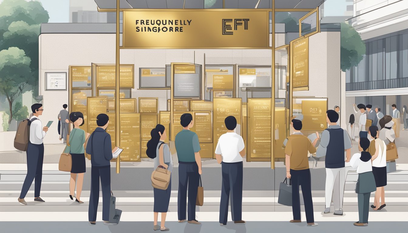 A group of people standing in front of a large sign that reads "Frequently Asked Questions Gold ETF Singapore." The sign is prominently displayed in a public area, with people gathered around it, reading and discussing its contents