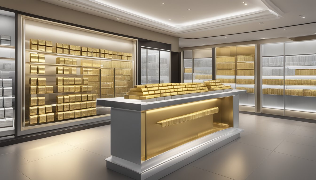 Shiny gold and silver bars displayed in a UOB Singapore branch, with price tags and a sleek, modern interior