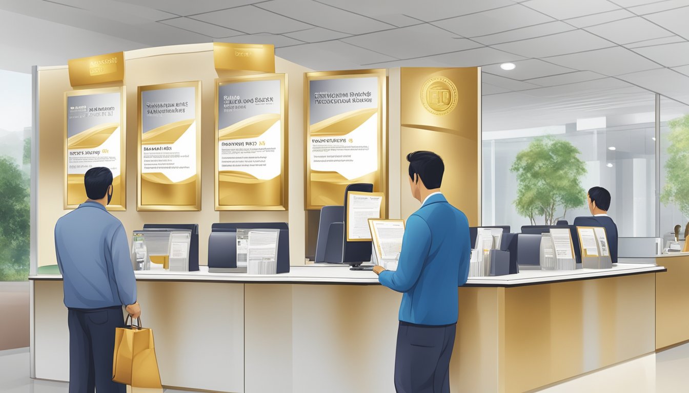A customer browsing through a brochure labeled "Frequently Asked Questions: gold silver prices UOB Singapore" at a bank's information counter