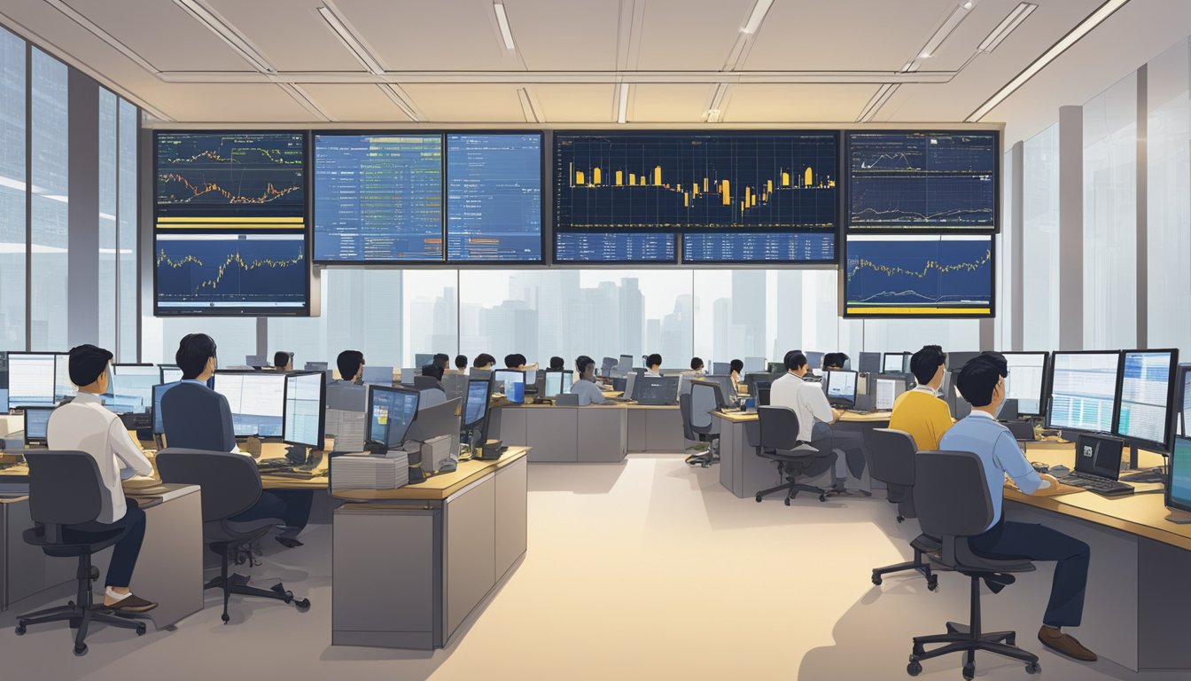 The bustling trading floor at UOB Singapore, with traders analyzing economic data and gold prices fluctuating on digital screens