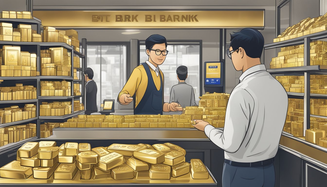 A customer at UOB Singapore examines gold bars with a bank representative. Shelves display various gold products, while signs provide information on purchasing gold