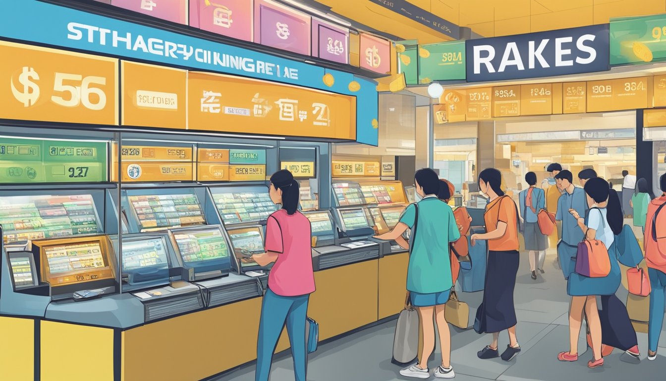 A person finds the best rates at a money changer in Singapore's Golden City. The exchange counter is bustling with activity as customers compare rates and make transactions. The vibrant signage and currency symbols add to the lively atmosphere