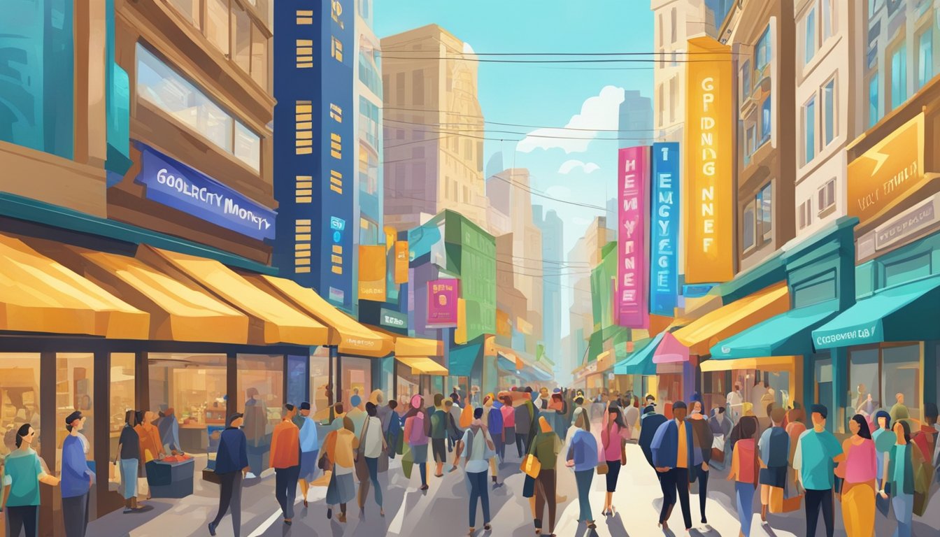 A bustling street in a vibrant city, with colorful signs and bustling crowds. A prominent storefront with a bold sign reading "Golden City Money Changer" stands out among the shops