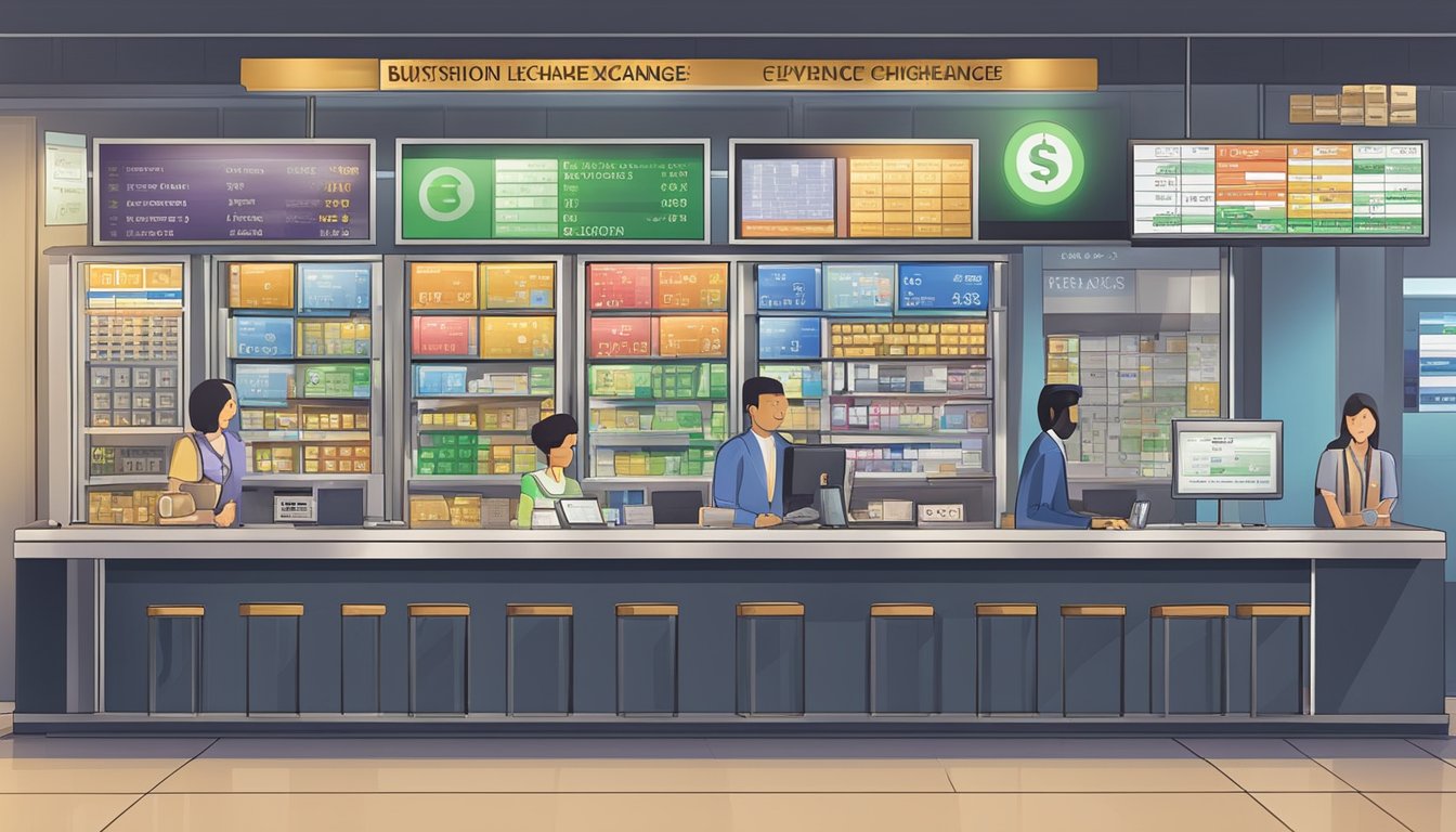 A bustling currency exchange counter with various international currencies displayed and a sign listing the services offered