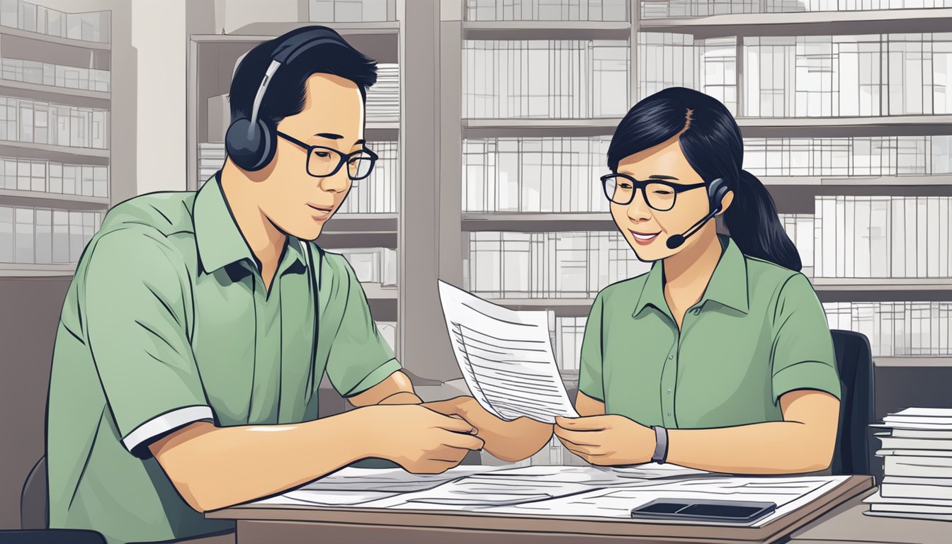 A customer service representative assists a client with their bill statement in Singapore