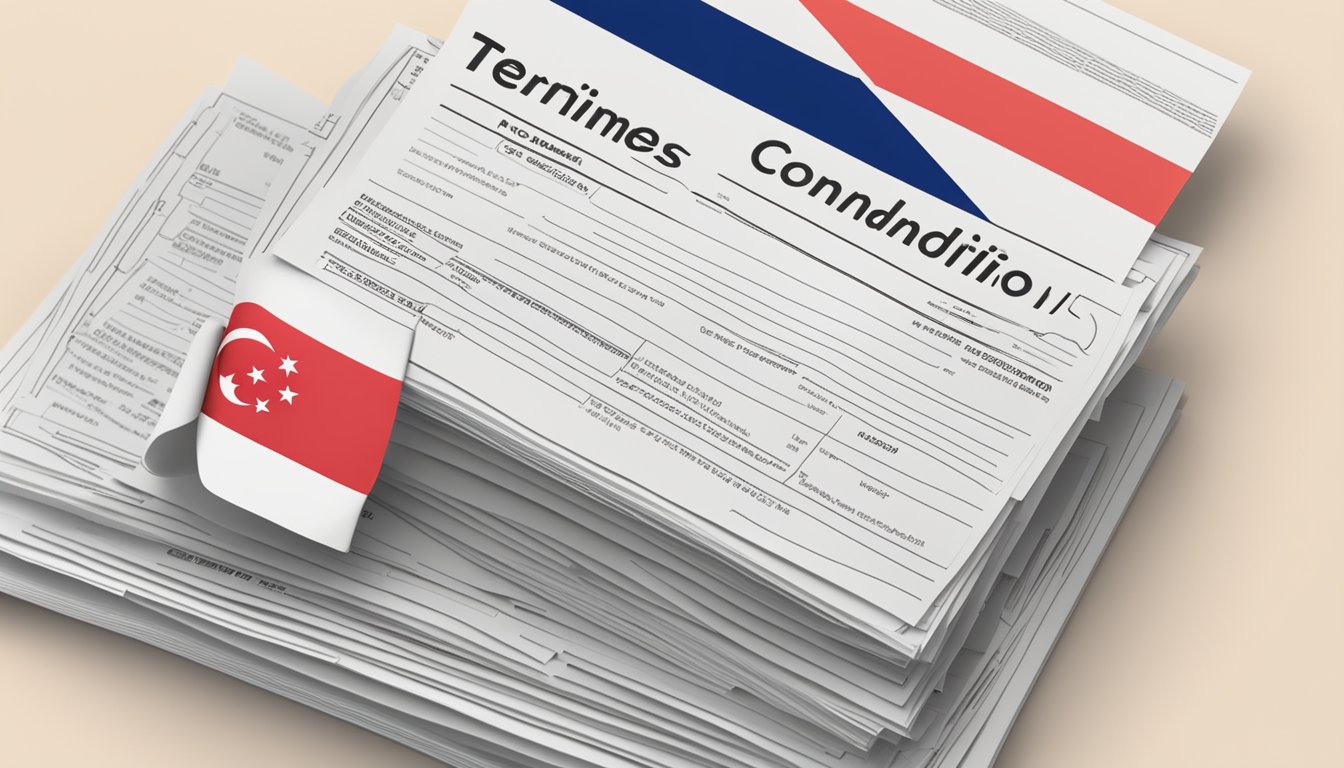 A stack of paper with "Terms, Conditions, and Policies" printed on top, next to a bill statement from gomo, with a Singaporean flag in the background