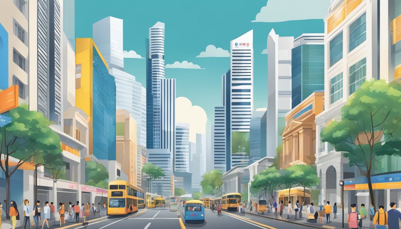 A bustling Singapore street lined with modern bank buildings, each displaying signs promoting student-friendly services and features
