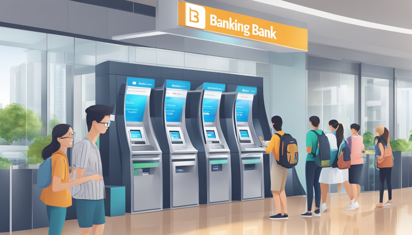 Students accessing banking services at a modern, welcoming bank in Singapore with clear signage and easy-to-use technology