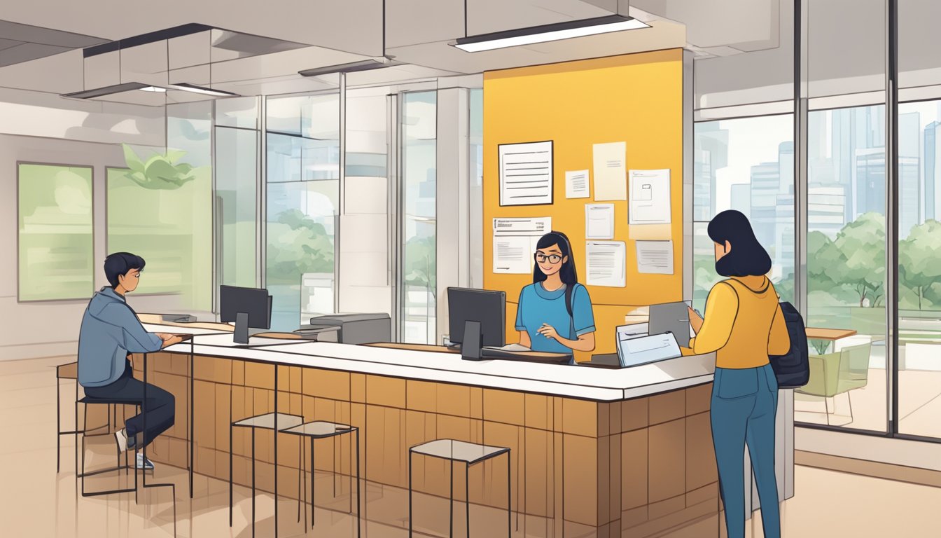 A student at a bank in Singapore, opening a new account with a friendly teller. The student is filling out paperwork while the teller explains the benefits of a student bank account