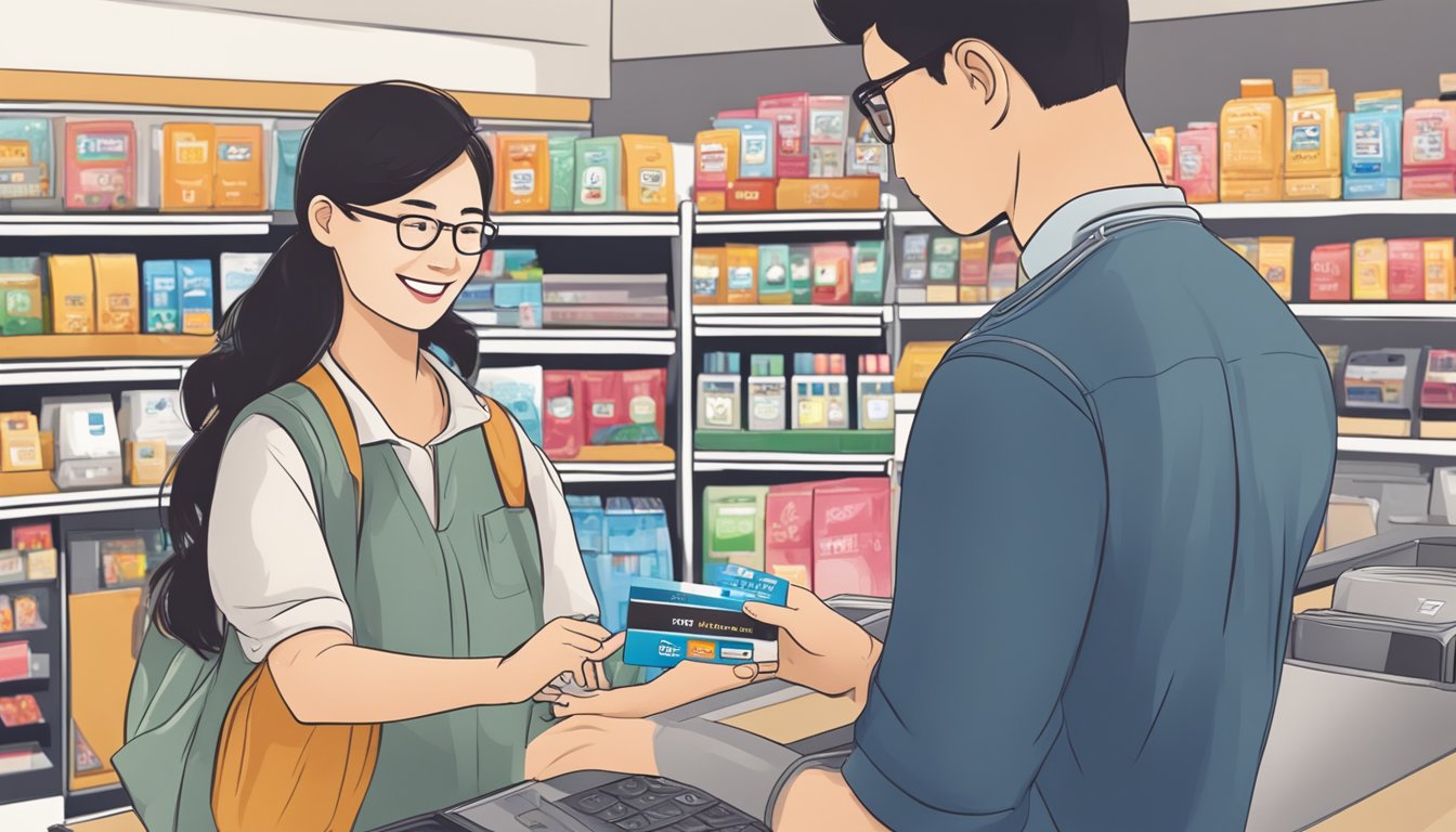 A student in Singapore swipes a credit card at a local store, with a smile on their face