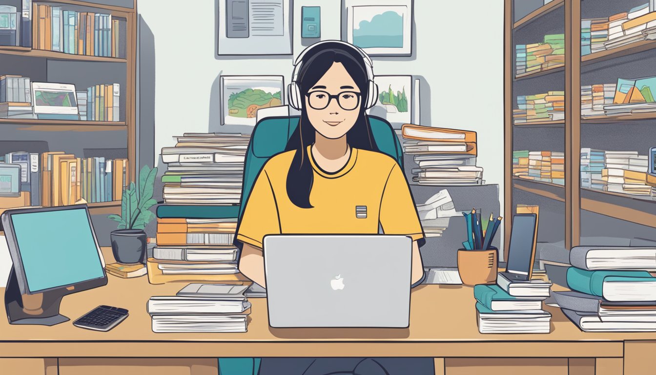 A student sits at a desk, surrounded by textbooks and a laptop. A credit card is displayed on the screen, with the words "Good credit cards for students in Singapore" prominently featured