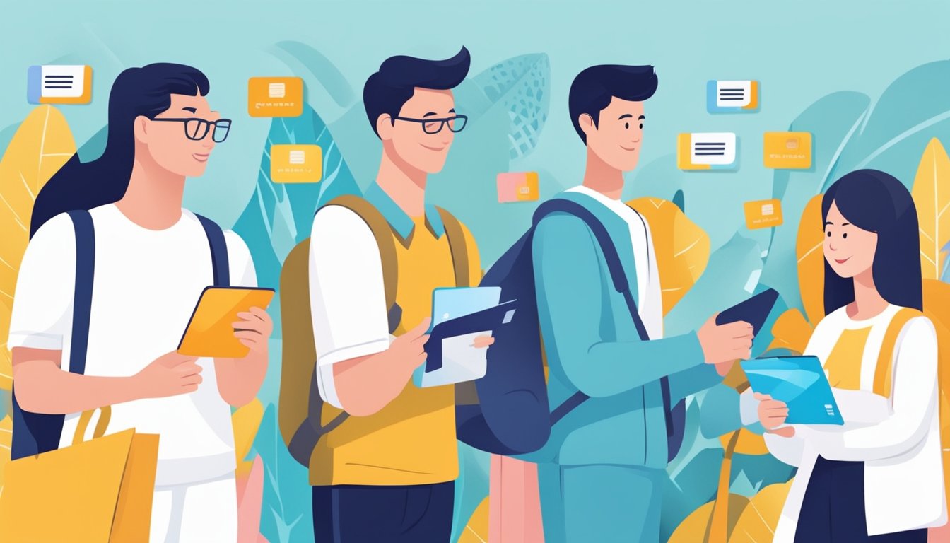 Students enjoying exclusive perks with credit cards in Singapore. Icons of discounts, rewards, and benefits displayed around the cards