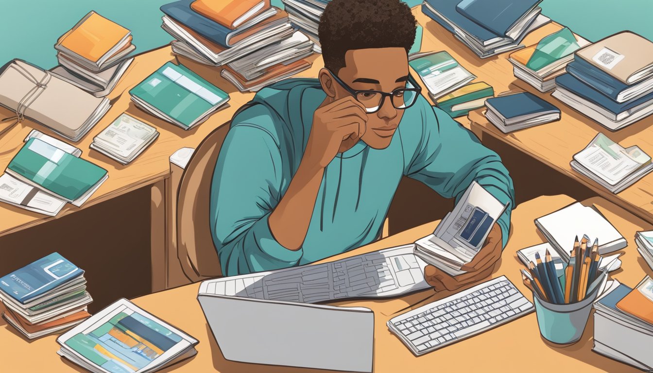 A student holding a credit card while researching options online. Textbooks and a laptop are scattered on the desk