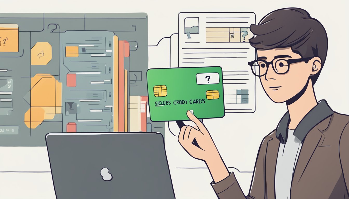 A student holding a credit card with a question mark above their head, surrounded by a list of frequently asked questions about credit cards in Singapore