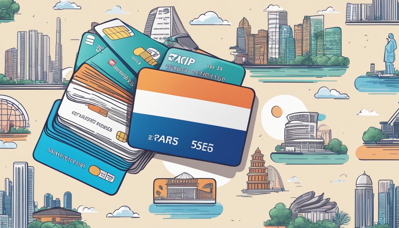 A stack of credit cards with Singaporean landmarks in the background, representing the top credit cards for young adults in Singapore