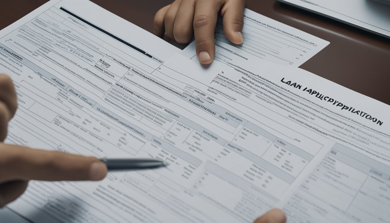A person fills out a loan application form at a moneylender's office in Singapore. The moneylender reviews documents and discusses terms with the applicant