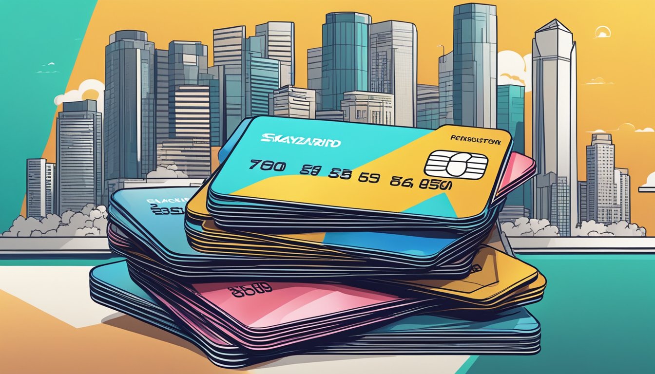 A stack of credit cards with "Maximising Rewards and Savings" written on them, set against a backdrop of the Singapore skyline