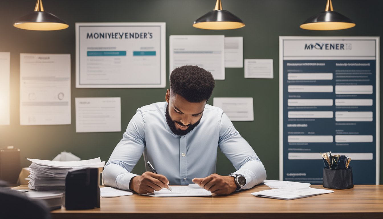 A person sitting at a desk, filling out paperwork with a moneylender's logo displayed prominently. A sign on the wall indicates the loan options available
