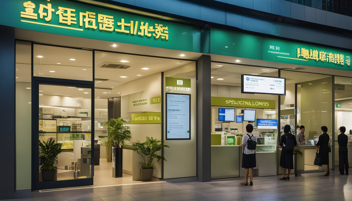 A moneylender's office with a sign advertising "Specialised Personal Loan Options" and "Small Personal Loans Available in Singapore." Customers waiting in line