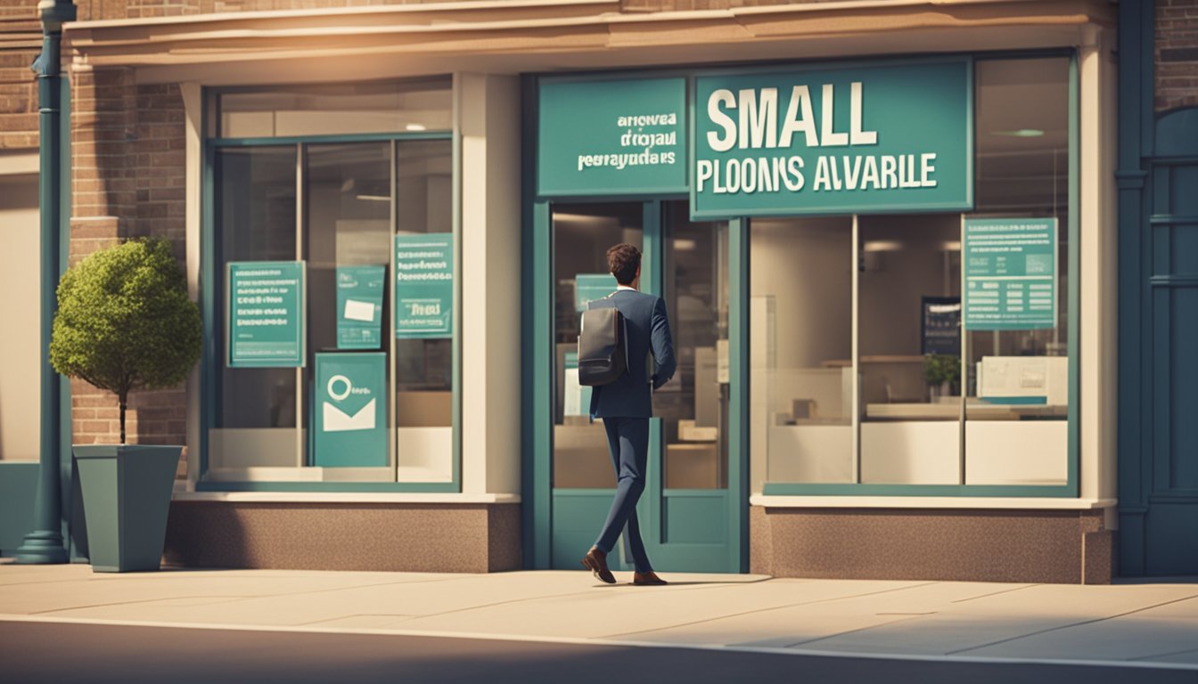 A person walking into a moneylender's office, with a sign displaying "small personal loans available" in the foreground