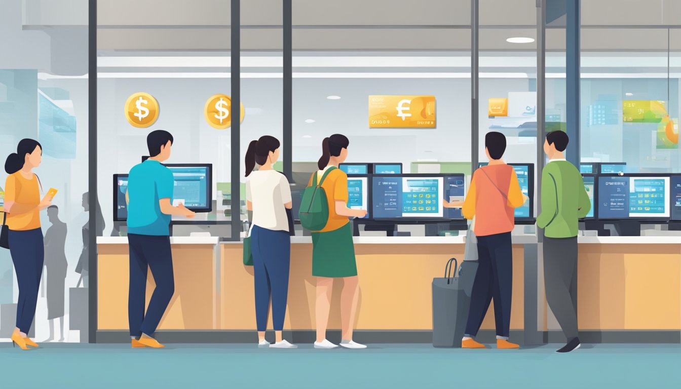 A bustling Singapore currency exchange office with digital rate displays and customers exchanging money at teller windows