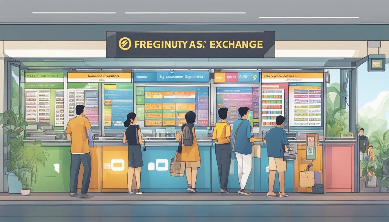 A bustling currency exchange booth in Singapore with a sign displaying "Frequently Asked Questions" and a steady flow of customers