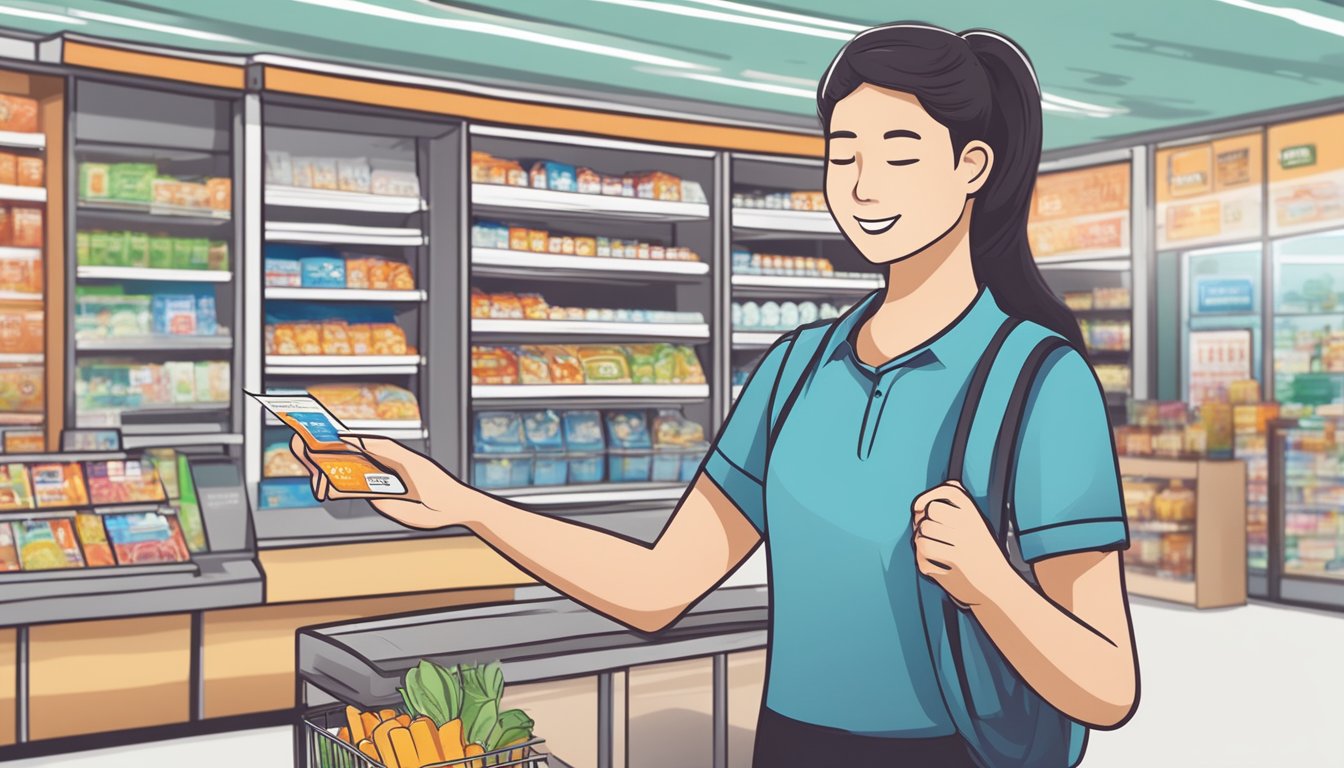 A student swiping a debit card at a Singaporean convenience store, with lifestyle benefits displayed on the card
